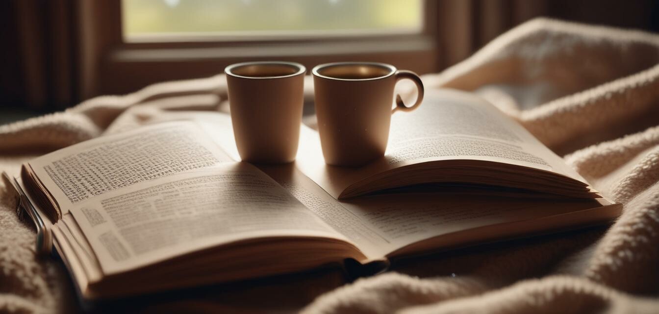 Open mystery book with coffee and blanket